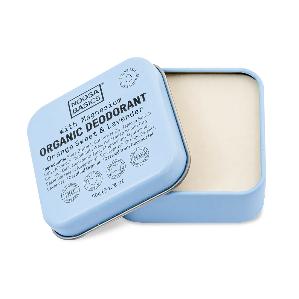 Noosa Basics Organic Deodorant in Sweet Orange & Lavender Scent - Tin Open