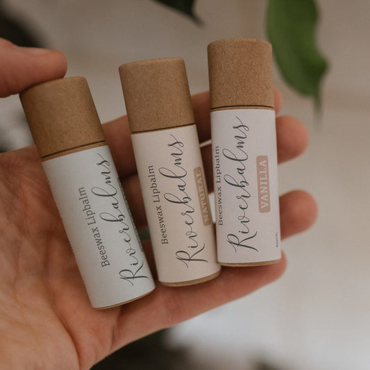 Riverbalms lip balms make a great trio to nourish and hydrate your lips wherever you go. Including peppermint, natural and vanilla scented lip balm.
