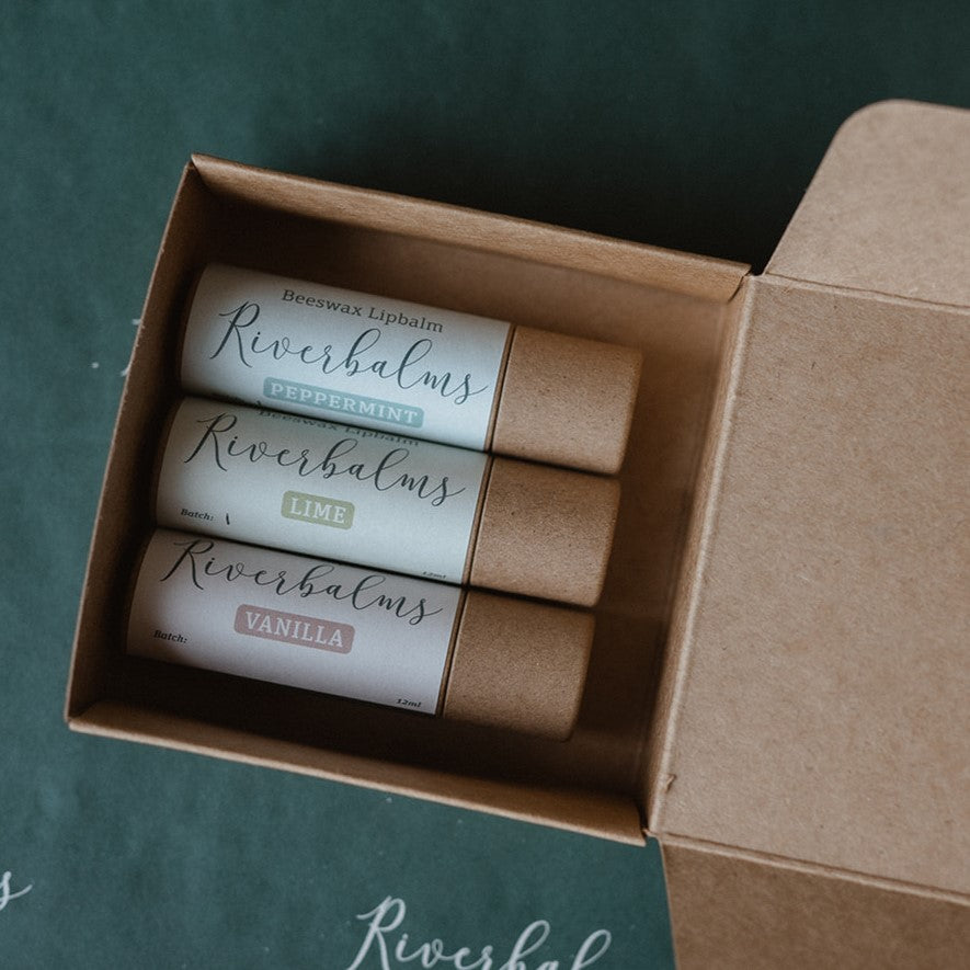 Riverbalms Lip Balm Bundle in a trio of tubes to hydrate your lips wherever you go.